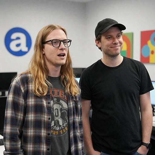 Two Men Standing Indoors in Casual Clothing