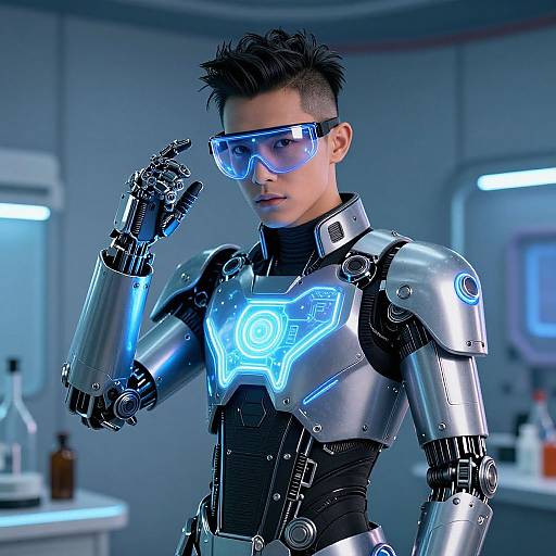 CGI image of a young man with short black hair, wearing futuristic silver armor with glowing blue chest emblem, blue visor, and mechanical hand,