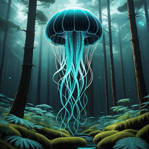 Abstract Jellyfish in Bioluminescent Forest