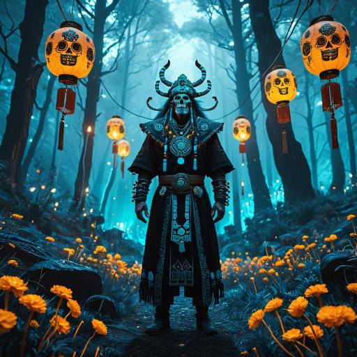 Cybernetic Shaman in Bioluminescent Forest