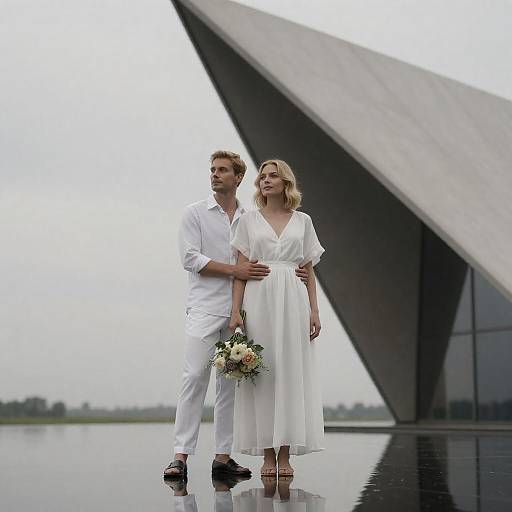 Couple in White Attire by Modern Architecture