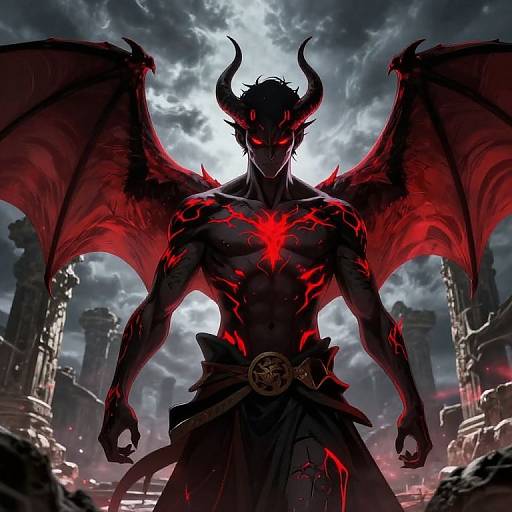 Digital fantasy artwork of a muscular, black-skinned demon with glowing red eyes, wings, and a fiery chest symbol, standing in a ruined, storm