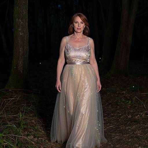 Photograph of a fair-skinned woman with brown hair, wearing a silver-embellished, sheer, floor-length gown, standing in a dim