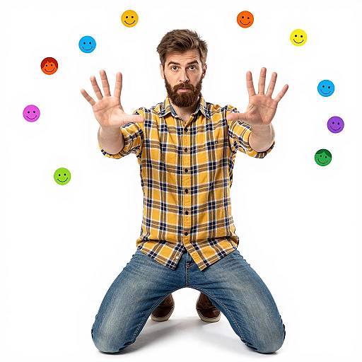 Kneeling Man with Colorful Faces Background