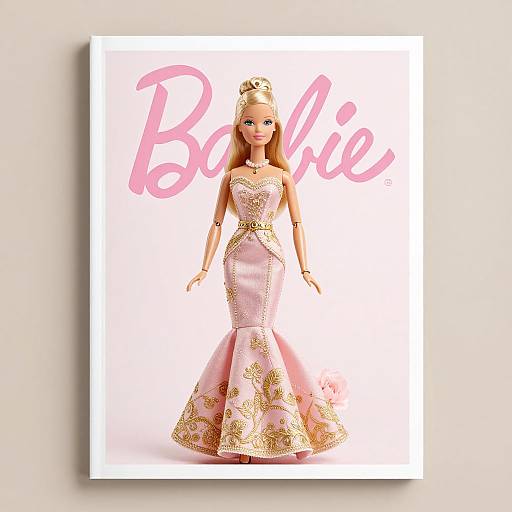 Photograph of a blonde Barbie doll in a pink, gold-embroidered mermaid gown, wearing a tiara, with 