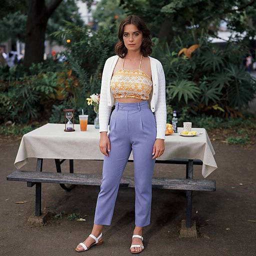 Photograph of a woman with medium skin, dark wavy hair, wearing a white cardigan, gold lace top, high-waisted blue pants