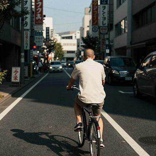 Man Riding Bicycle on Japanese Urban Street