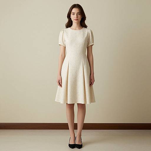 Photograph of a young woman with fair skin and dark brown wavy hair, wearing a short-sleeved, knee-length, cream-colored dress and