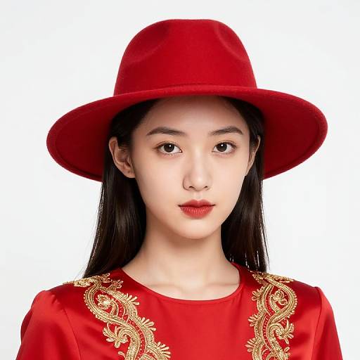 Asian Girl in Red Embroidered Dress
