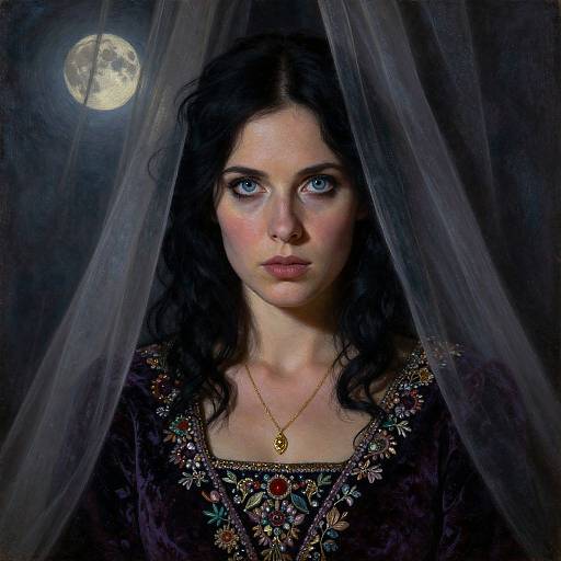 Digital painting of a pale-skinned woman with blue eyes, black curly hair, and dark embroidered dress, gazing at a full moon through sheer curtains