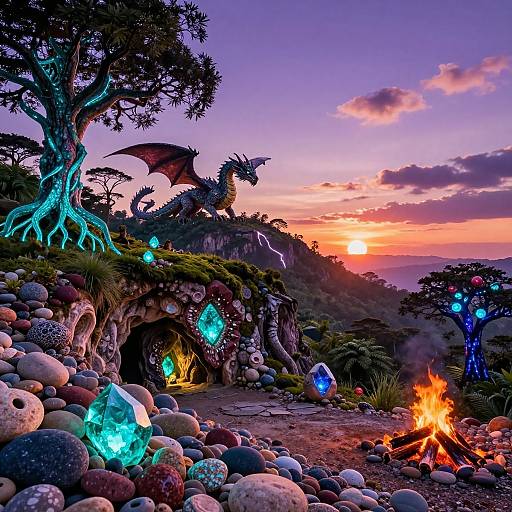 Fantasy sunset scene with glowing crystals, fire, two bioluminescent dragons, and a cave on a rocky hillside. Vibrant colors,