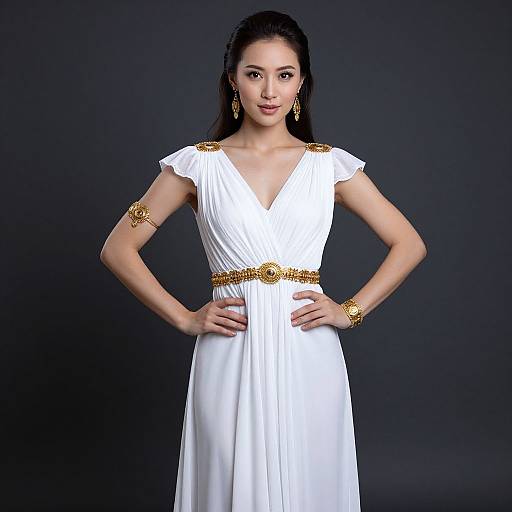 Photograph of an Asian woman with long black hair, wearing a white gown with gold accents, standing against a dark background, hands on hips, elegant