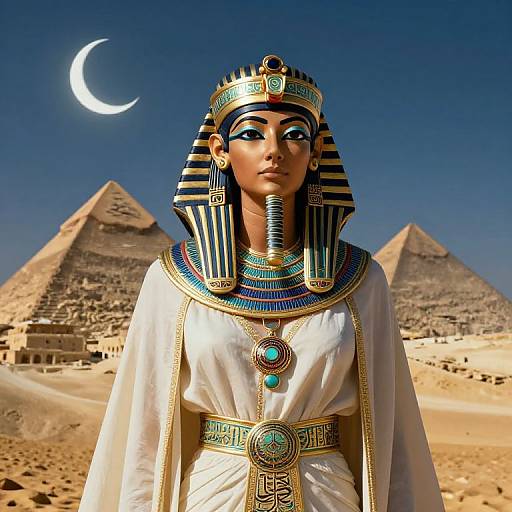 Photorealistic digital artwork of an Egyptian queen with dark skin, striped headdress, white robe, turquoise jewels, standing before pyramids under a cres