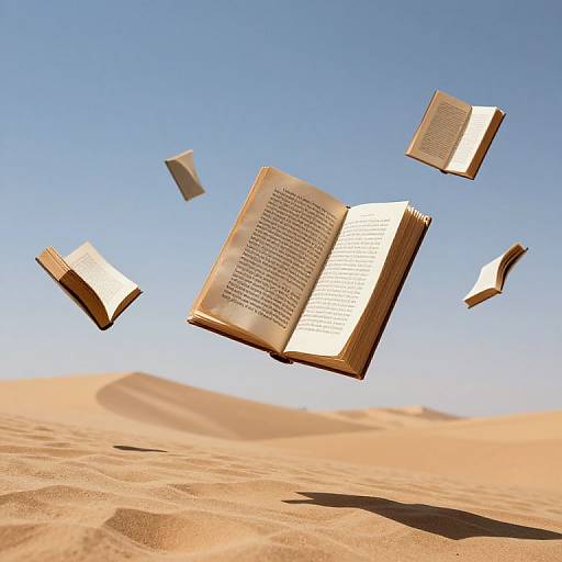Photograph of open books floating in clear blue sky over sandy desert, casting shadows on the dunes below.