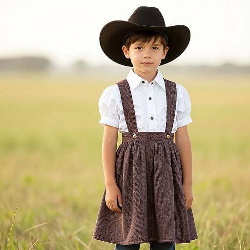 Photograph of a young boy with light skin and dark hair, wearing a black hat, white shirt, and brown pinstriped dress with suspend