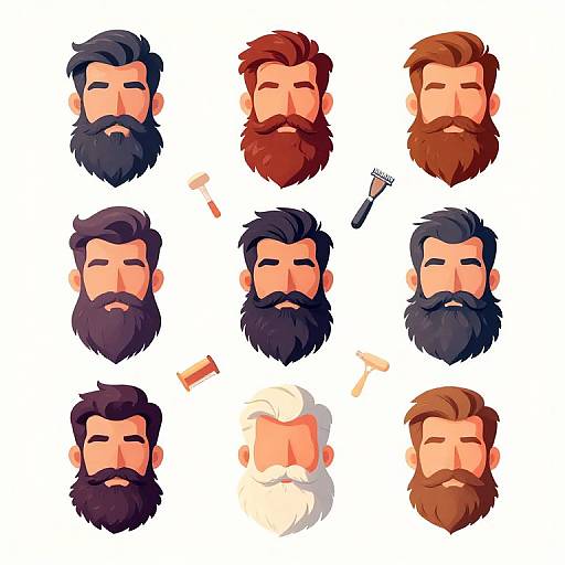 Digital illustration of nine bearded men's faces with varying hair colors and styles, plus six grooming tools, on a white background.