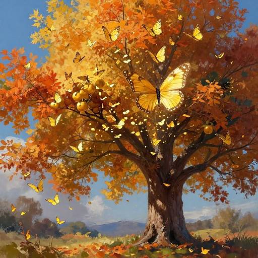Majestic Autumn Tree with Butterfly Fruits