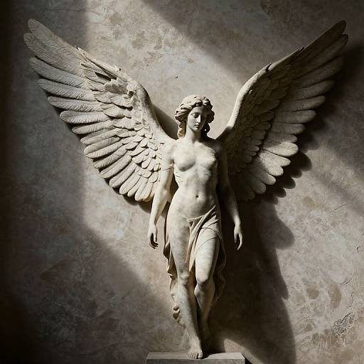 Photograph of a detailed marble statue of a nude, winged angel with curly hair, standing against a textured, dimly lit wall.