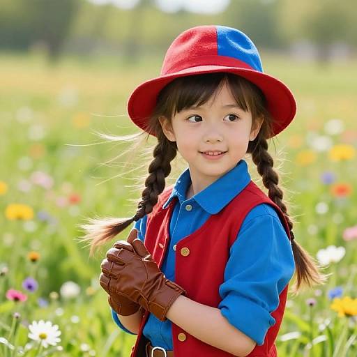 Photograph of a young Asian girl with braided hair, wearing a red and blue hat, red vest, blue shirt, and brown gloves, smiling