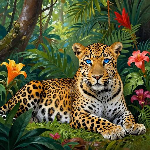 Digital painting of a blue-eyed, spotted jaguar lying in a lush, vibrant jungle, surrounded by vivid orange and red flowers.
