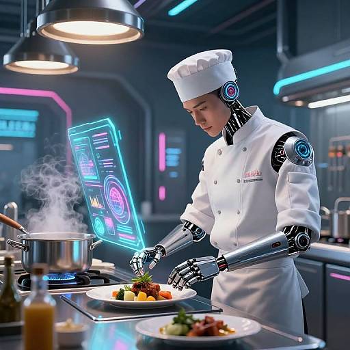 Futuristic Android Chef in Cyberpunk Kitchen