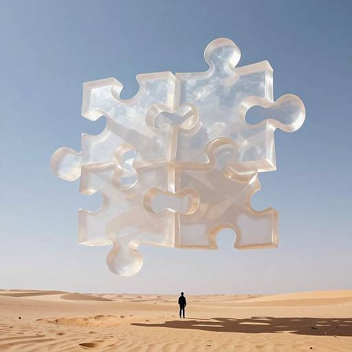 Photograph of a solitary figure standing in a desert, looking up at a glowing, translucent jigsaw puzzle piece floating in a clear blue sky.