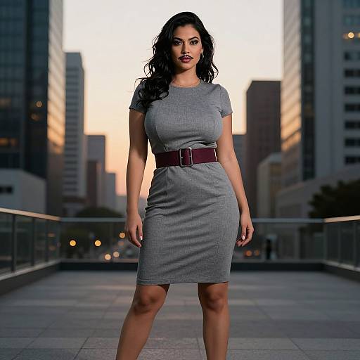 Photograph of a curvy woman with long black hair, wearing a form-fitting gray dress and brown belt, standing confidently in a cityscape at