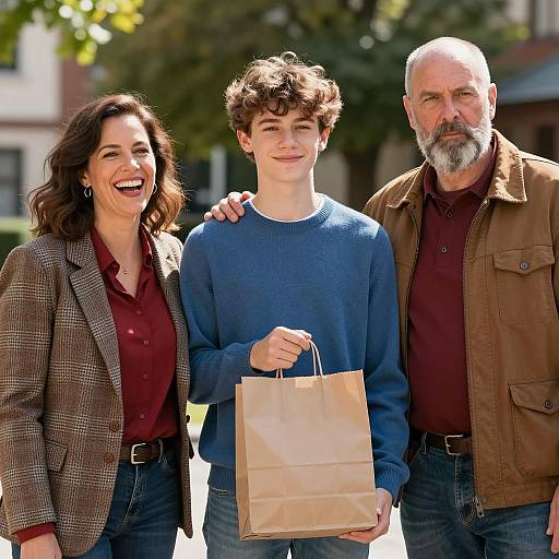 Family Standing Outdoors with Shopping Bag