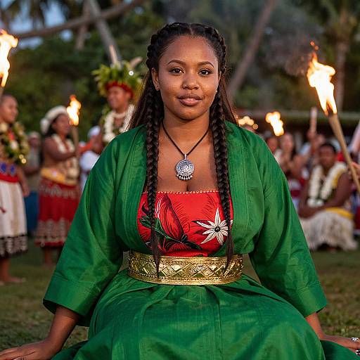 Charismatic Woman in Hawaiian Luau Attire
