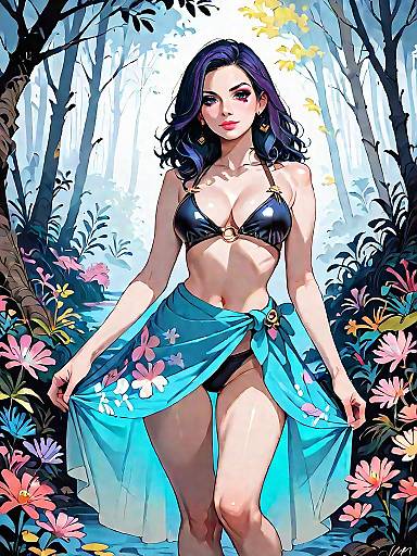 Dark Fantasy Girl in Triangle Bikini and Floral Sarong