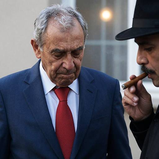 Older Man in Blue Suit with Neighbor Smoking Cigar