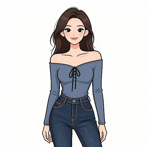 Digital anime-style illustration of a smiling woman with long brown hair, wearing an off-shoulder blue top and dark blue jeans.