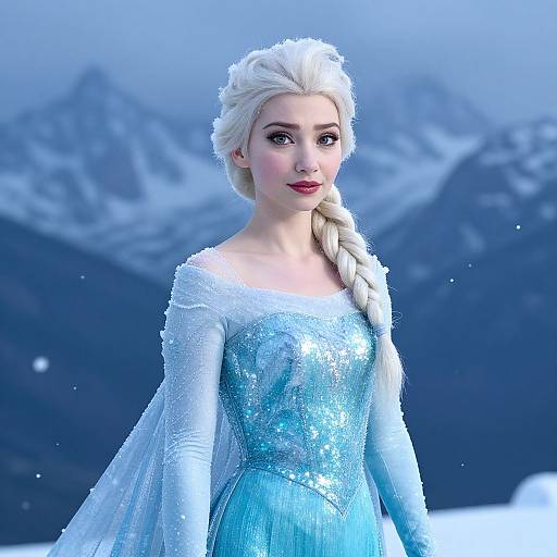 Digital CGI of Elsa from Frozen in a sparkling blue ice queen dress, long white braid, snowy mountain background, icy blue hues.