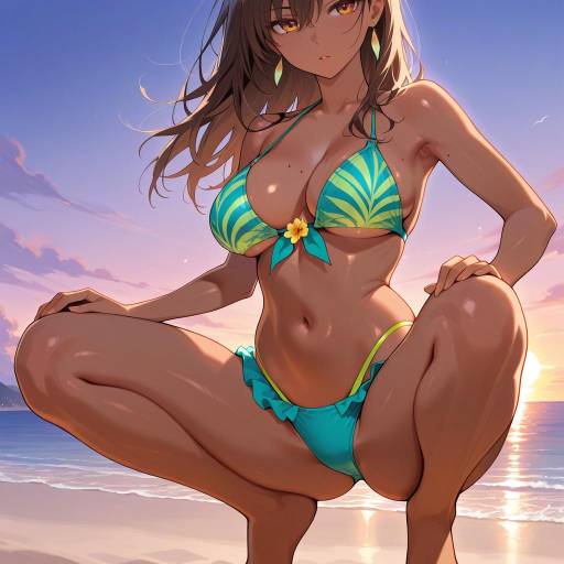 Joyful Beach Sunrise with Dark-Skinned Solo Girl