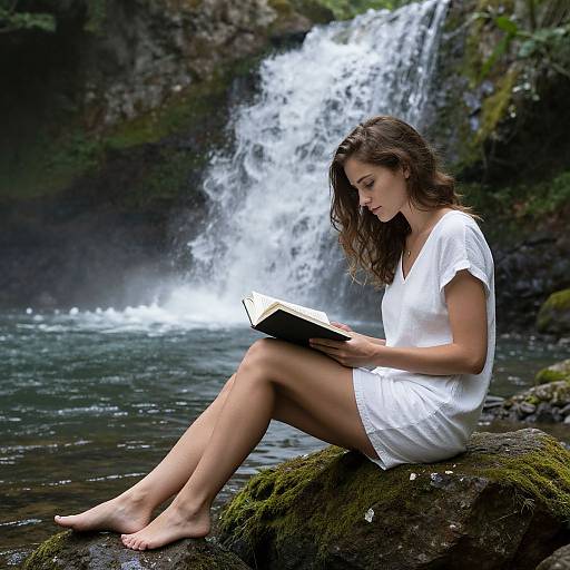 Photograph of a young woman with wavy brown hair, wearing a white dress, sitting on a mossy rock, reading a book by a casc