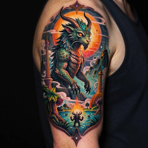 Vibrant tattoo of a muscular, green-scaled, horned dragon with glowing eyes and fiery background, standing over a small figure by a camp