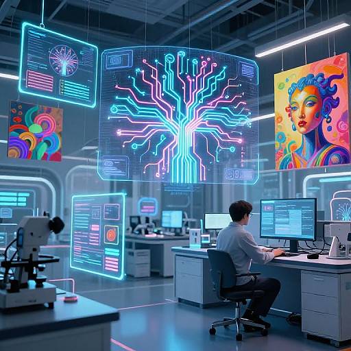 Photograph of a modern, neon-lit tech office with a man typing at a desk, surrounded by glowing digital art and screens.