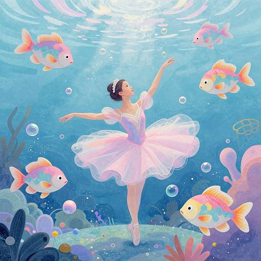 Digital illustration of a ballerina in a pink tutu dancing underwater, surrounded by colorful fish and bubbles, with coral and seaweed in the background
