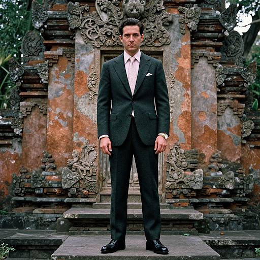 Photograph of a serious, dark-haired man in a black suit, white shirt, and black shoes, standing in front of an ancient, ornate