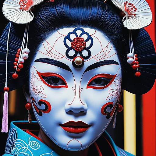 Close-up of Neon Geisha Mask with Japanese Accents