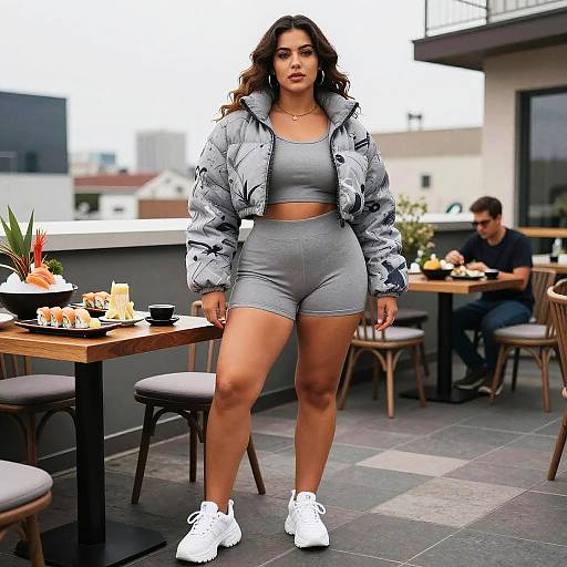 Confident Streetwear Woman at Sushi Rooftop