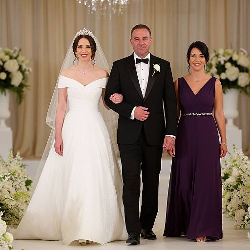Photograph of a bride in a white off-shoulder gown, groom in a black tuxedo, and maid of honor in a purple dress