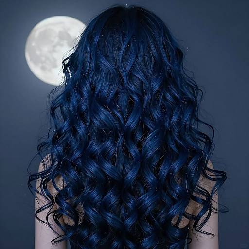 Photograph of a person with long, wavy, deep blue hair facing away, illuminated by a bright full moon in a dark blue night sky.