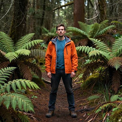 Man in Vibrant Orange Jacket on Forest Trail