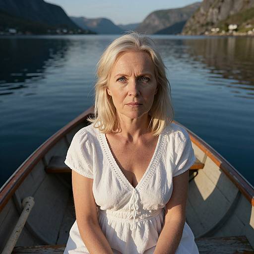 Photograph of a middle-aged blonde woman with fair skin, wearing a white dress, sitting in a wooden boat on a calm, reflective lake with mountain