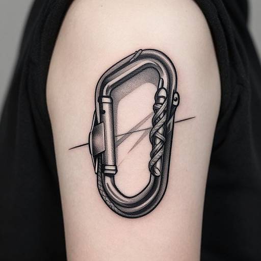 Black and gray tattoo of a metal carabiner on a pale, bare upper arm, with a dark shirt in the background.