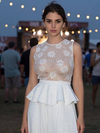 Photograph of a young woman with fair skin and dark hair, wearing a sheer white lace top with floral patterns and a white pleated skirt, standing