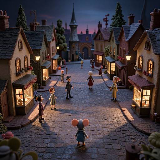 Photograph-style CGI image of a whimsical, nighttime village with glowing windows, cobblestone streets, and animated characters in charming, old-fashioned attire