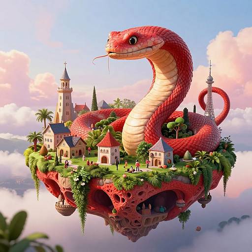 Digital art of a massive red snake coiled around a floating medieval village with towers, surrounded by lush greenery and clouds.