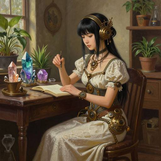 Digital painting of a steampunk-style woman with black hair, wearing a white lace dress and golden headgear, writing in a notebook by a wooden